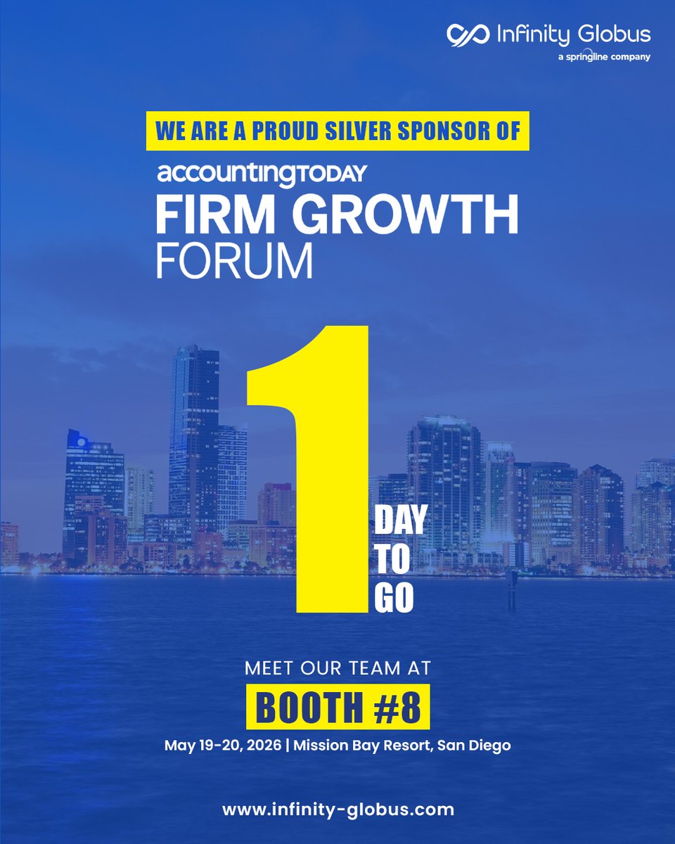 infinityglobus's tweet photo. 𝗧𝗵𝗲 𝗰𝗼𝘂𝗻𝘁𝗱𝗼𝘄𝗻 𝗶𝘀 𝗮𝗹𝗺𝗼𝘀𝘁 𝗼𝘃𝗲𝗿

Infinity Globus is proud to be a Silver Sponsor of the Accounting Today's Firm Growth Forum 
If you’re attending, swing by 𝗕𝗼𝗼𝘁𝗵 #8 

Mission Bay Resort, San Diego
May 19–20, 2026

#FirmGrowthForum #AccountingToday https://t.co/QVh7OhckFV