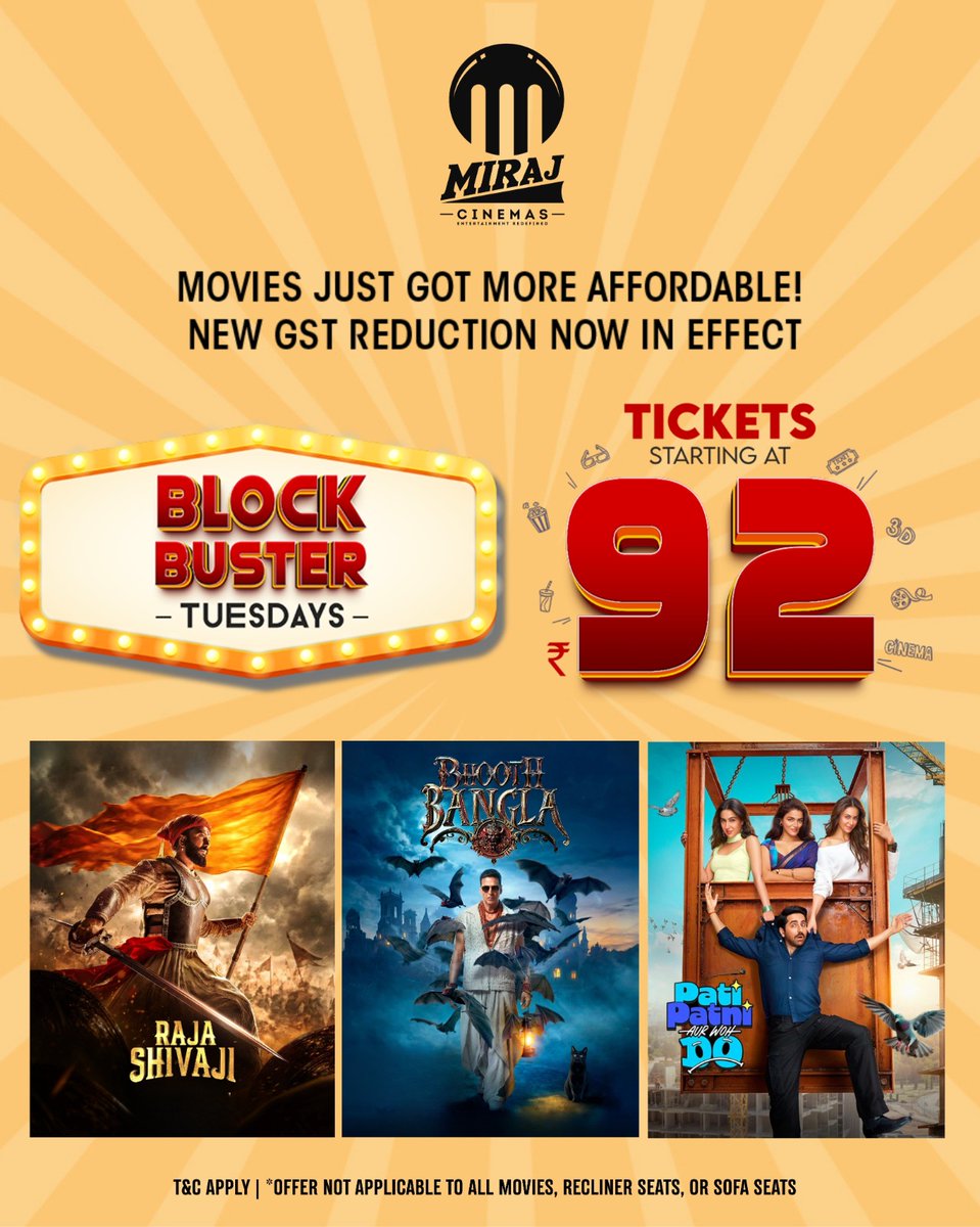 MirajCinemas's tweet photo. Why wait for the weekend when Tuesdays are this entertaining? 🍿🎬
Turn your Tuesdays into a blockbuster experience with special movie ticket prices at #MirajCinemas.
Booking link: https://t.co/niVUo6MXPv
.
.
.
#BlockbusterTuesday #MovieOffers #BigScreenExperience #CinemaLovers https://t.co/c8iwouZoYq