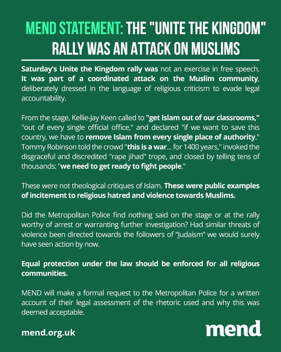 5Pillarsuk's tweet photo. Muslim group MEND say speakers at the Unite The Kingdom rally in London on Saturday incited religious hatred and violence against Muslims.

They are now calling on the Metropolitan Police to investigate any offences that were committed and take action. https://t.co/T2nrLVnTVU
