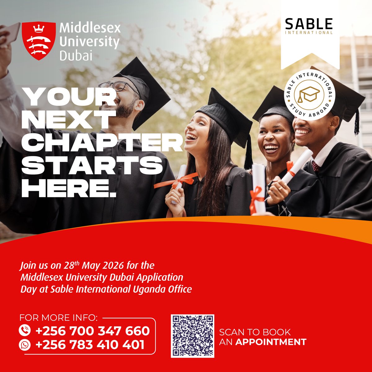 SableUg's tweet photo. Do not miss out on the @MiddlesexDubai Application Day on 28th May 2026. Book your appointment NOW via https://t.co/gccYQDypH4 or scan the QR CODE https://t.co/V8JgTloCax