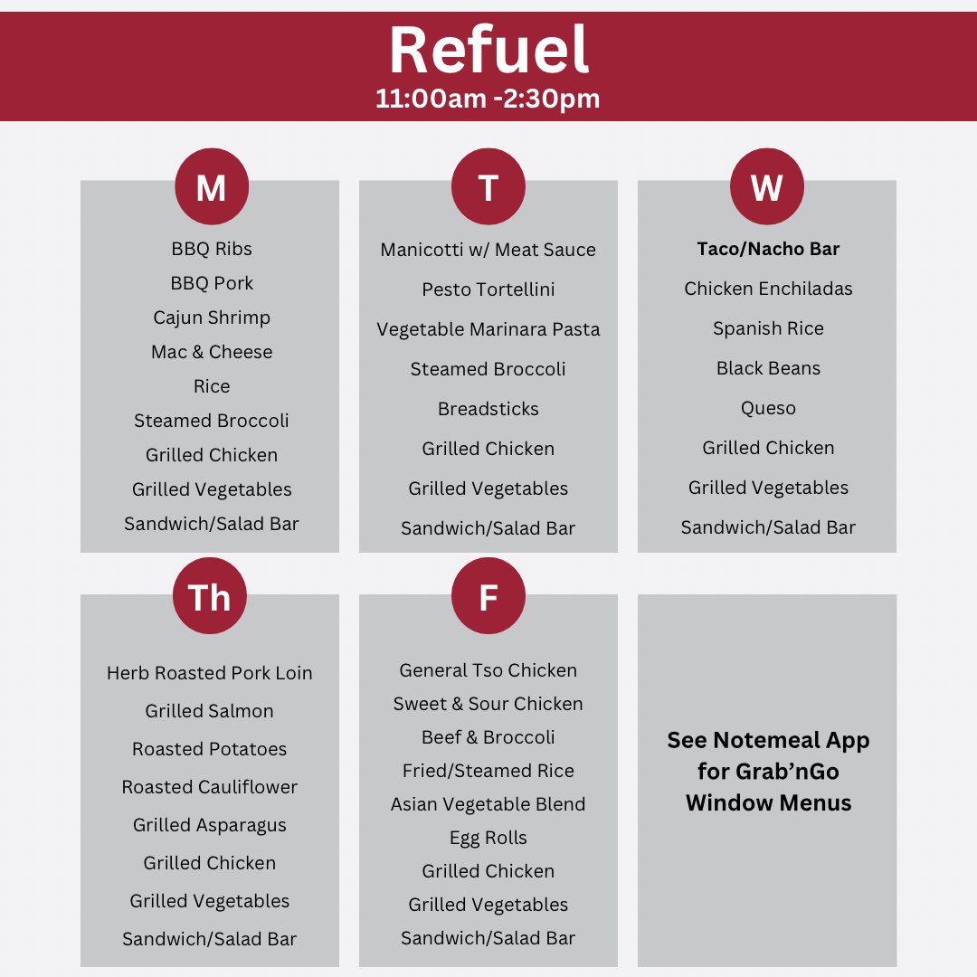 RazorbacksFuel's tweet photo. Sports Nutrition Center menus. Reduced hours continue this week! 

Fuel/Refuel: 9:00am-2:30pm
No Training Table https://t.co/fxSMD3T4eh