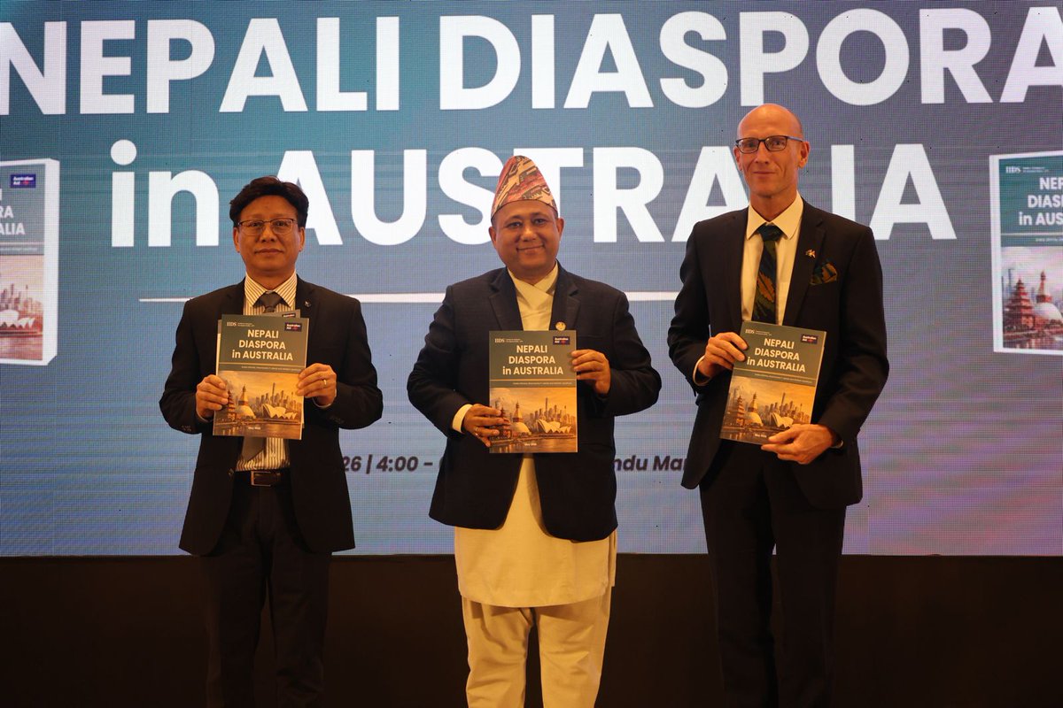 iids1979's tweet photo. IIDS is proud to announce the launch of the Nepali Diaspora in Australia report by the Right Honorable Shishir Khanal, Minister of Foreign Affairs; His Excellency Mr. Simon Ernst, Australian Ambassador to Nepal; and Dr. Biswash Gauchan, Executive Chair, IIDS. https://t.co/oiSTjrC3JV