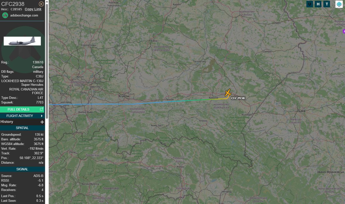 PolishMilRadar's tweet photo. 📅 18.05 🕒 13:12LT -✈️🇨🇦 Kanadyjski Hercules ląduje w Rzeszowie

 🇨🇦 Siły Powietrzne Kanady
✈️ Lockheed Martin CC-130J Super Hercules  "130610"
🛫Baza lotnicza Orléans-Bricy #LFOJ | Francja 🇫🇷
🛬Port lotniczy Rzeszów-Jasionka #EPRZ 🇵🇱
#CFC2938 zniżanie↘️
🔗https://t.co/FsPucX9Vbd

#POLMILRADAR