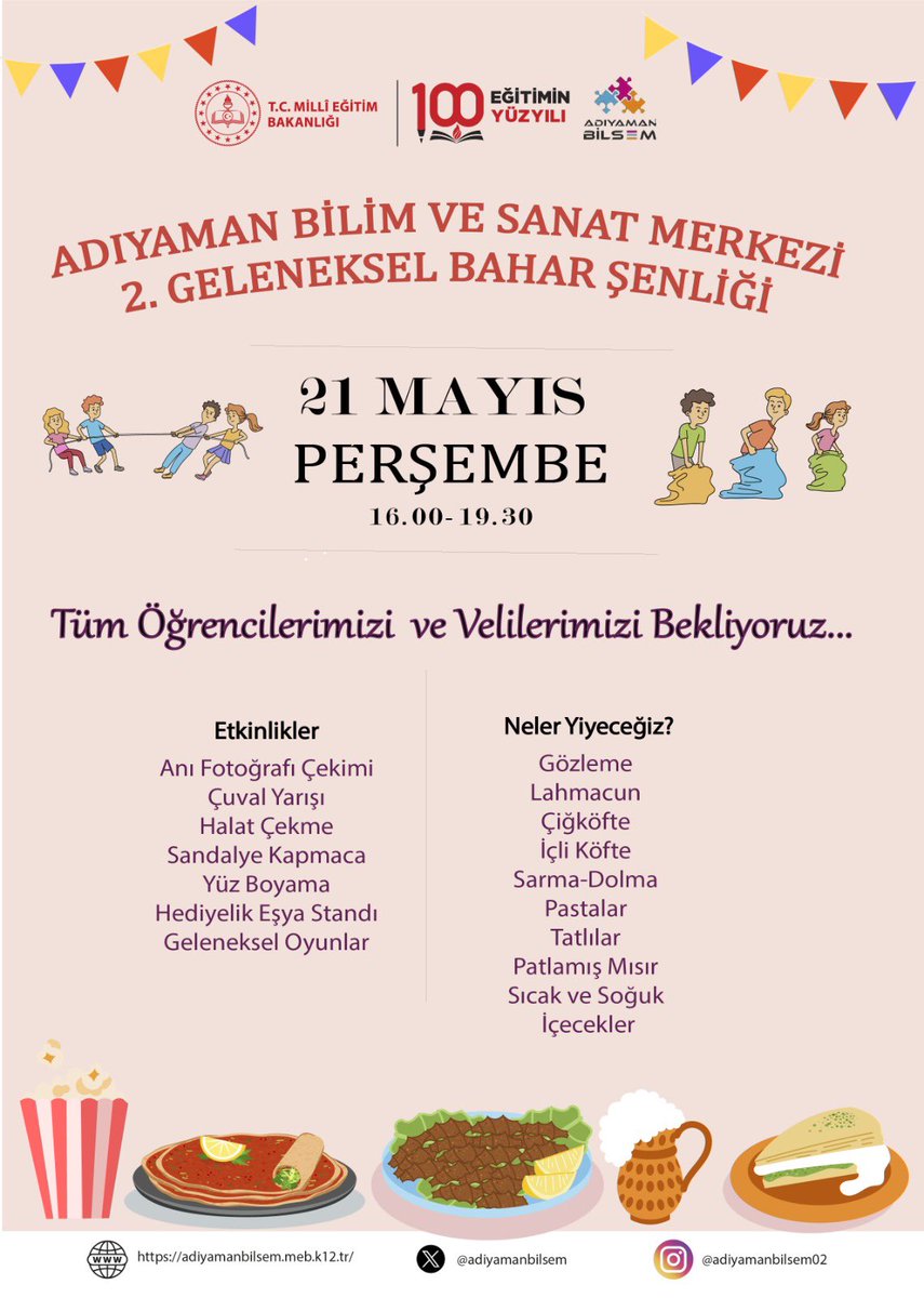 adiyamanbilsem's tweet photo. Adıyaman BİLSEM Bahar Şenliği’ne Davetlisiniz! Coşkumuzu paylaşmak, birlikte unutulmaz anılar biriktirmek için tüm öğrenci, öğretmen ve velilerimizi bekliyoruz. 🗓️ 21.05.2026 ⏰ 16:00-19:30 https://t.co/auiwTpRPFB