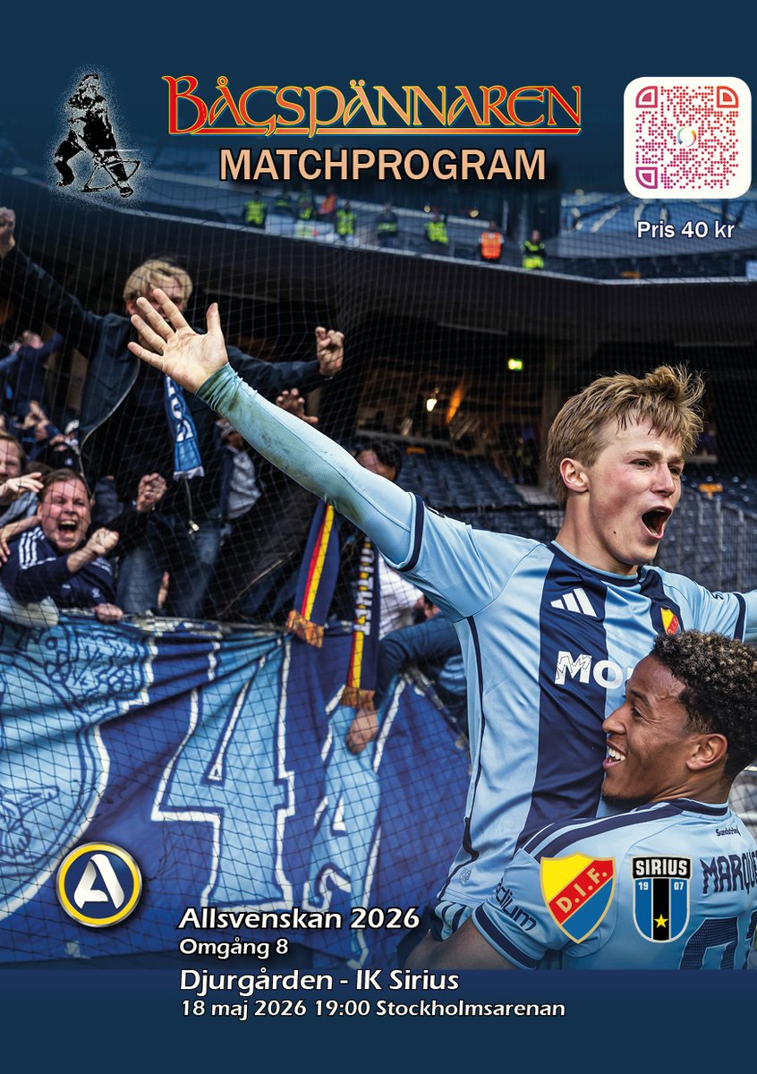 bagspannaren's tweet photo. Matchprogram 
Djurgården  - Sirius 
Allsvenskan omg 8 
Avspark 19.00 18 maj 2026

Tryckt program 40 kr
Digitalt program 15 kronor

@DIF_Fotboll @siriusfotboll @AllsvenskanSE https://t.co/ggyXRpc5ce
