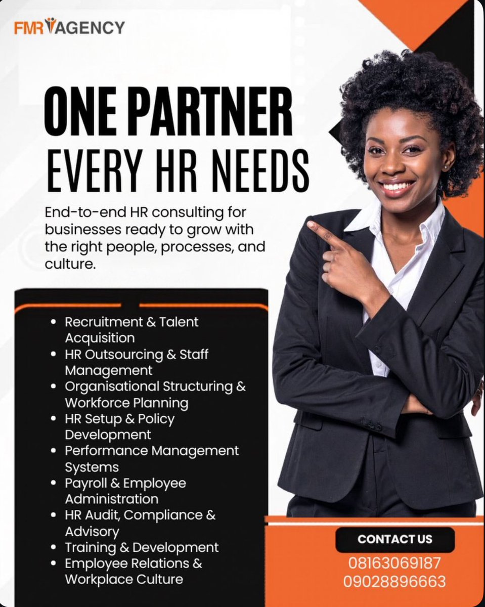 IbehThelma's tweet photo. One Partner.
Every HR Need.

End-to-end HR consulting for businesses ready to grow with the right people, processes, and culture.

✔️ Recruitment &amp; Talent Acquisition
✔️ HR Outsourcing &amp; Staff Management
✔️ Organisational Structuring &amp; Workforce Planning https://t.co/k7EaMTMEO4
