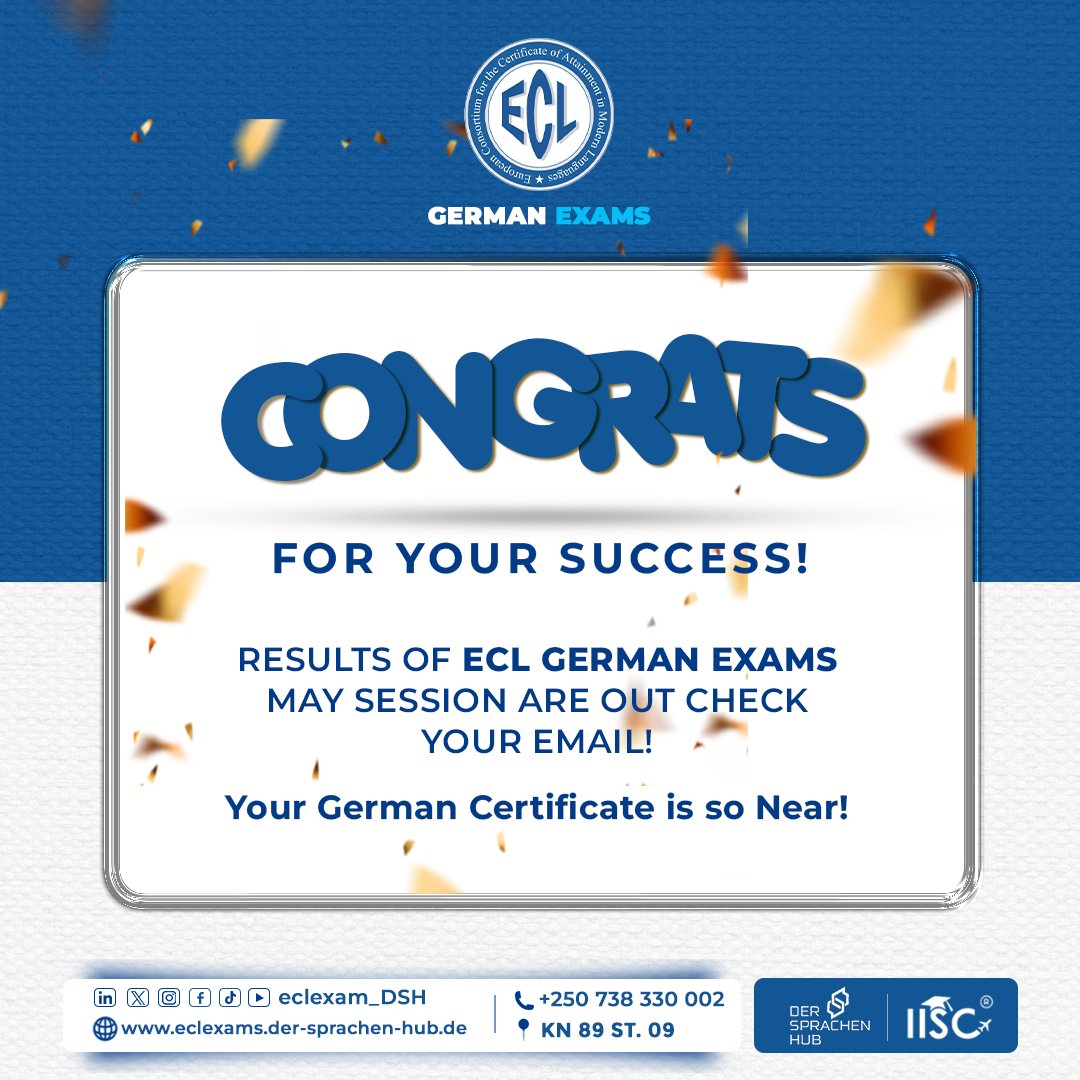 eclexams_DSH's tweet photo. ECL German Exams – May Session results are  out! 
Check your email to view your results. Congratulations to all candidates for your hard work and dedication—every step brings you closer to your German language goals and certificate.
 eclexamsrw@der-sprachen-hub.de
#ECLGermanExams https://t.co/l0oynWCr0H