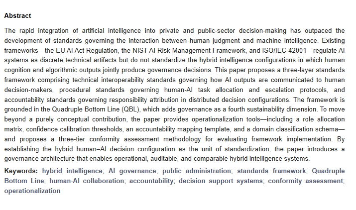 StandardsMDPI's tweet photo. 🚀 #NewPublication: Toward a Standards Framework for Hybrid Intelligence Governance
📄 Toward a Standards Framework for #Hybrid Intelligence Governance: Integrating Human Judgment and #AI Decision Support
Author: Haris Alibašić
 👉Read More: https://t.co/OA6ysDxLVq https://t.co/lLxUVh3VnQ