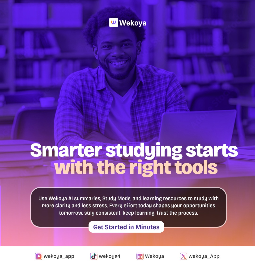 Wekoya_App's tweet photo. Smarter studying doesn’t have to feel overwhelming.

With Wekoya, you get AI support, quick summaries, quizzes, Study Mode, and learning resources all in one place, so you can understand more, stress less, and stay consistent.

Start learning today.💜
https://t.co/IJYTqi5j2q https://t.co/IEbqKIvKuP