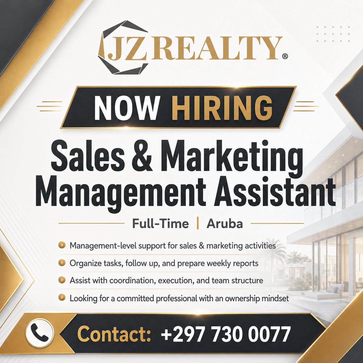 ArubaRealty's tweet photo. Now Hiring: Sales & Marketing Management Assistant

JZ Realty is looking for a committed and organized professional in Aruba to support management with sales and marketing coordination. https://t.co/FIfQZ7d50O

This full-time role is ideal for someone with strong organization skills, good knowledge of sales, digital marketing, social media, websites, and business operations, and an ownership mindset.

Responsibilities include:

Organizing and monitoring sales and marketing activities
Preparing task lists, follow-ups, and reports
Coordinating with team members, freelancers, agents, and partners
Supporting execution when needed
Helping management create structure and accountability

https://t.co/FIfQZ7d50O

Contact: +297 730 0077

#Aruba #ArubaJobs #NowHiring #HiringAruba #JZRealty #RealEstateAruba #ArubaRealEstate #SalesAndMarketing #ManagementAssistant #JobOpportunityAruba
