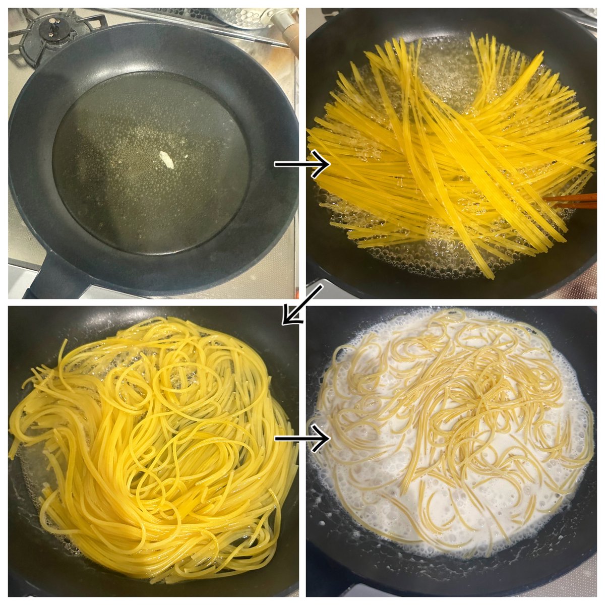 syunkon0507's tweet photo. 一番簡単な本格明太クリームパスタ

①フライパンに水350mlと塩ひとつまみ、顆粒コンソメ小1、チューブにんにく2cmを沸かしパスタ100gを入れる

②弱〜中火で袋の表示時間ゆで、生クリーム※100mlを入れ軽く煮詰める

③明太子1本分と刻み海苔を乗せる

夏は大葉を遠慮なく乗せ、レモン絞ると至福です https://t.co/XilHSOdcsJ
