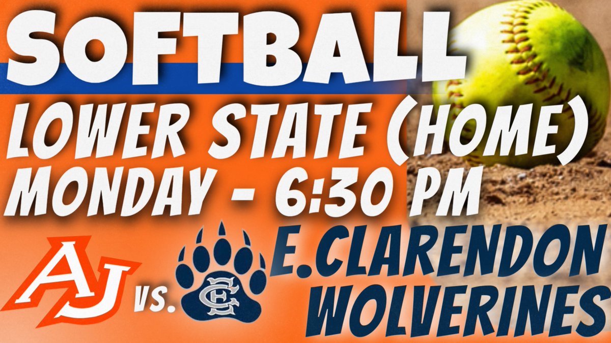AJ_Athletics's tweet photo. AJ Softball .... GAMEDAY!

Our girls look to survive in the losers bracket today vs. last year's AA State Champions, East Clarendon Wolverines.

Game starts at 6:30. Gates open at 5:30. Tickets are $8. Only SCHSL passes are accepted.

Hope to see you here to cheer on our Vols! https://t.co/BtIdgUTQGJ