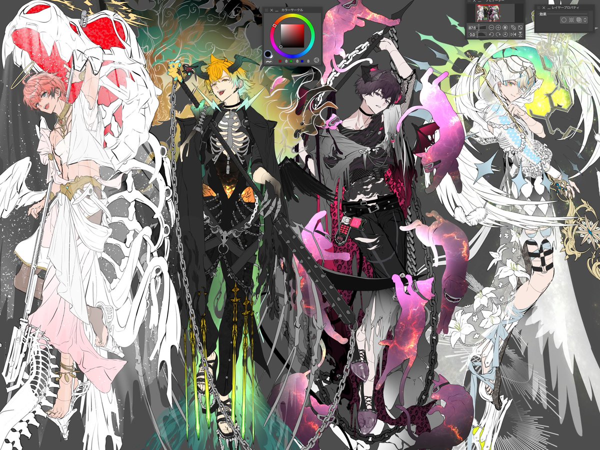 天使悪魔衣装のヒーロー……東4人の一旦デザインラフまで……wip……