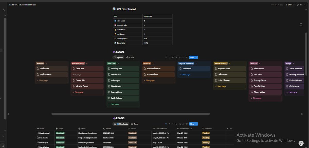 Folasarde's tweet photo. a coaching business needed a way to track leads 
and never miss a follow up.

so I built them a full CRM in Notion.

7 stages. automated. KPI dashboard. done.

dm me if your business needs the same 📩 https://t.co/TwFhHy1W5S
