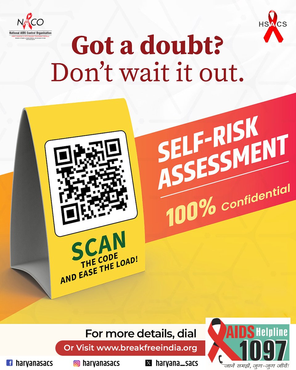 haryana_sacs's tweet photo. Want to know? Then why wait?
Scan the QR code — 100% confidential.
Accurate information about HIV is just a click away.
1097

#IndiaFightsHIVandSTI #haryanasacs #HSACS #aidsawareness #HIVAwareness #naco https://t.co/2GltFWYsUy