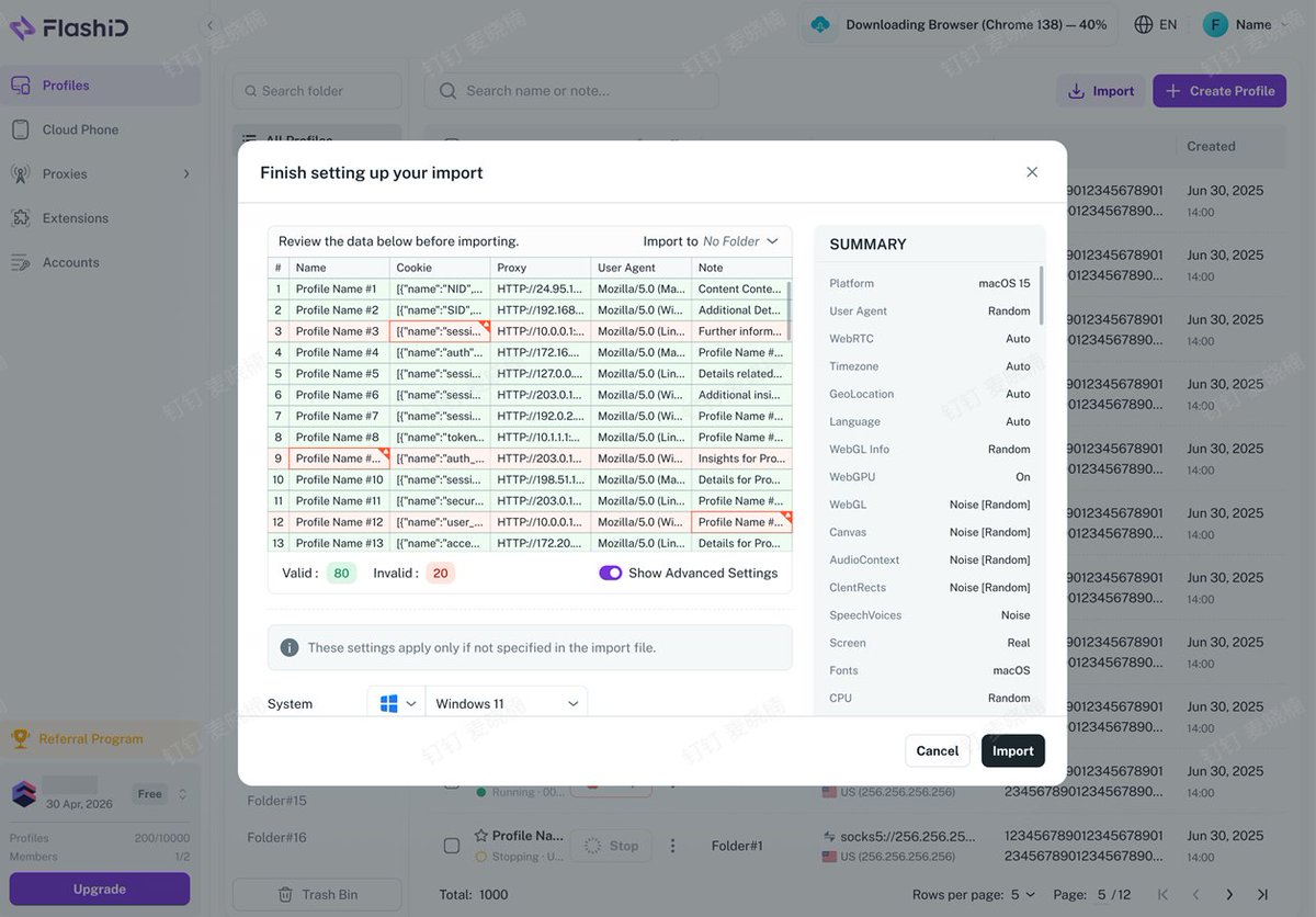 FlashID_Net's tweet photo. ‼️ Major Update:Bulk Import Profiles Now Available!
✨ New Features:Bulk Import Profiles
Import multiple Profiles at once using an Excel file, making large-scale profile setup faster and easier.
📥 Supported Import Data
Profile Name, Proxy, Cookies, User Agent, Notes
🚀 Benefits
1️⃣ Batch create hundreds of Profiles in minutes
2️⃣ Reduce repetitive manual setup
3️⃣ Simplify migration from other tools
4️⃣ Improve operational efficiency for teams and large-scale workflows
#FlashID #BulkImport #ProfileManagement #AntiDetectBrowser #MultiAccount #NewFeatures