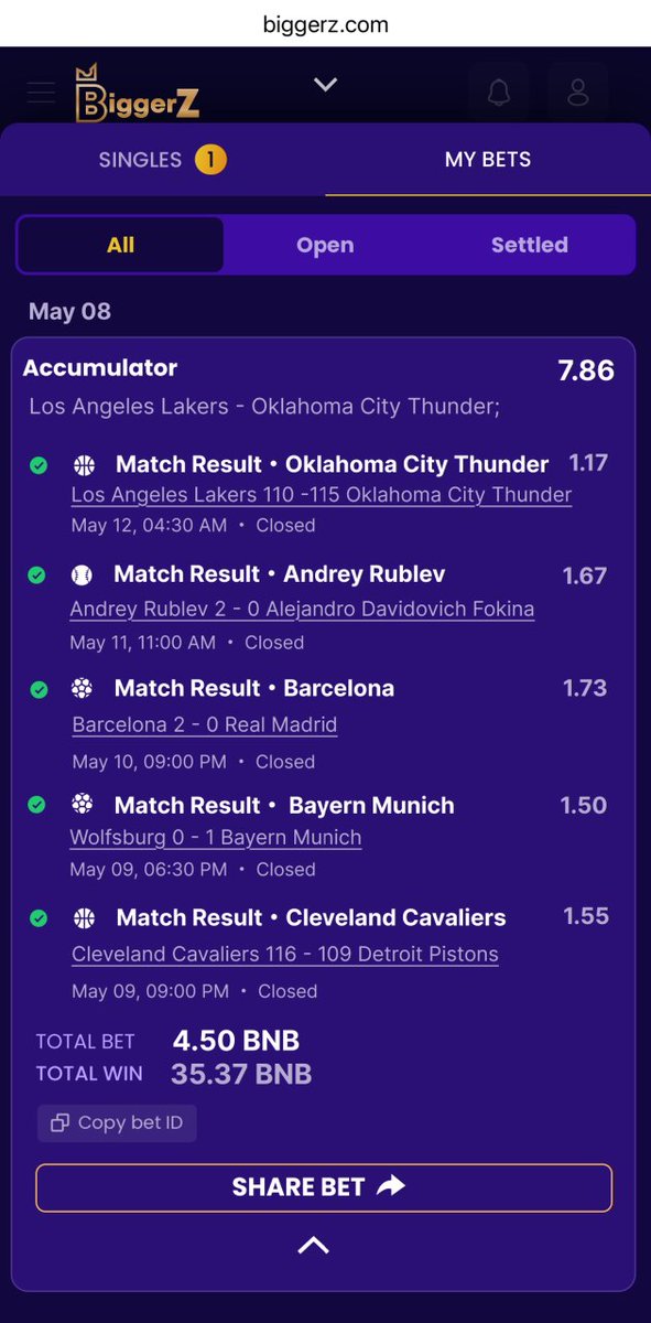 CoinHunterAMA's tweet photo. Just hit a massive win on BiggerZ! Turned 4.50 BNB into 35.37 BNB with this insane 5-leg accumulator. The interface is super smooth and tracking my bets has never been easier. If you’re into crypto betting, you definitely need to check them out! https://t.co/JcDbRy8pGr