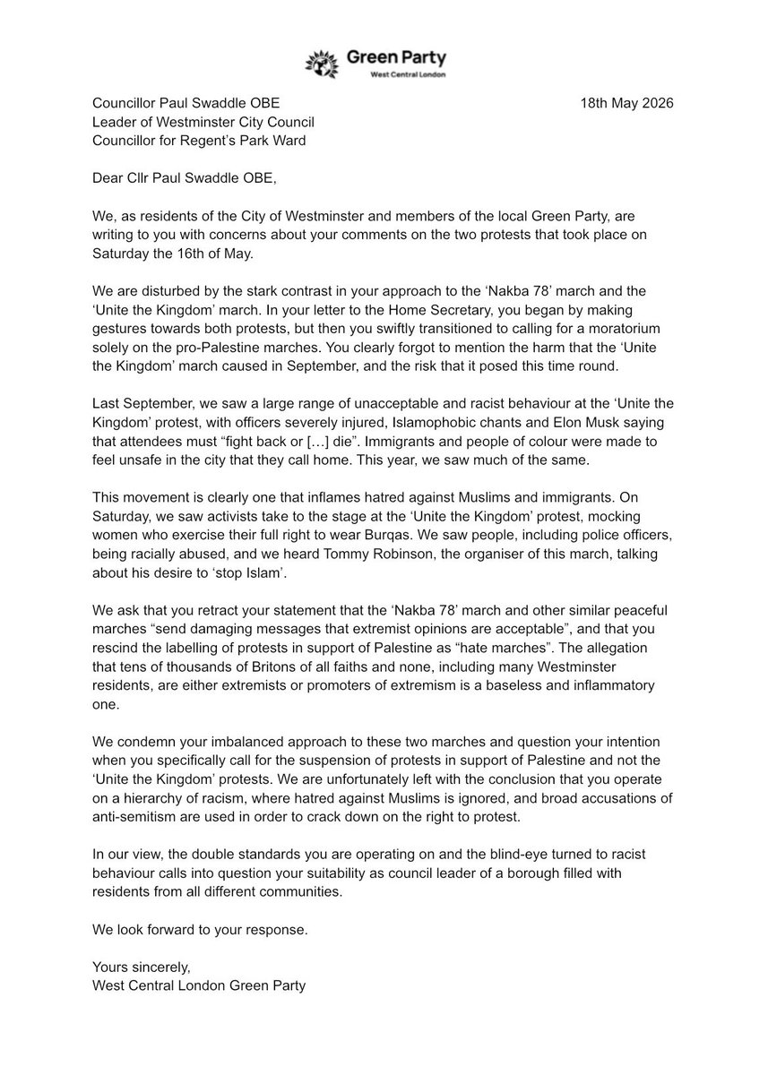 wcl_greenparty's tweet photo. Read our open letter in response to @paulswaddle comments on the two protests that took place on Saturday the 16th of May in Central London. https://t.co/Ej9PxBCGG7
