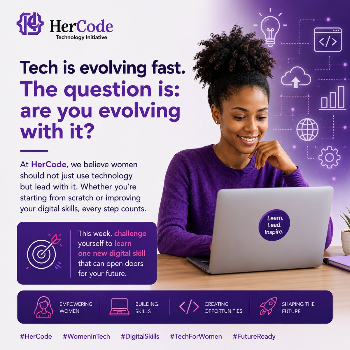 HerCodesTec's tweet photo. Tech is evolving fast—are you? 🚀
Women shouldn’t just use technology; we should lead with it. Whether you're starting from scratch or leveling up, every step counts.

Challenge yourself to learn one new digital skill this week! 💻✨

#HerCode #WomenInTech #DigitalSkills https://t.co/YCL8LLIn6x