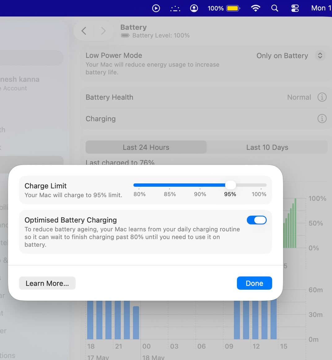 2k22Dinesh's tweet photo. @AppleSupport  Please explain this math: I set my MacBook’s charge limit to 95%, but it’s sitting at 100%. I appreciate the overachieving energy, but my battery health would like a word. 🫠🔋 #macOS #MacBook @Apple https://t.co/JSt5ri2uCm