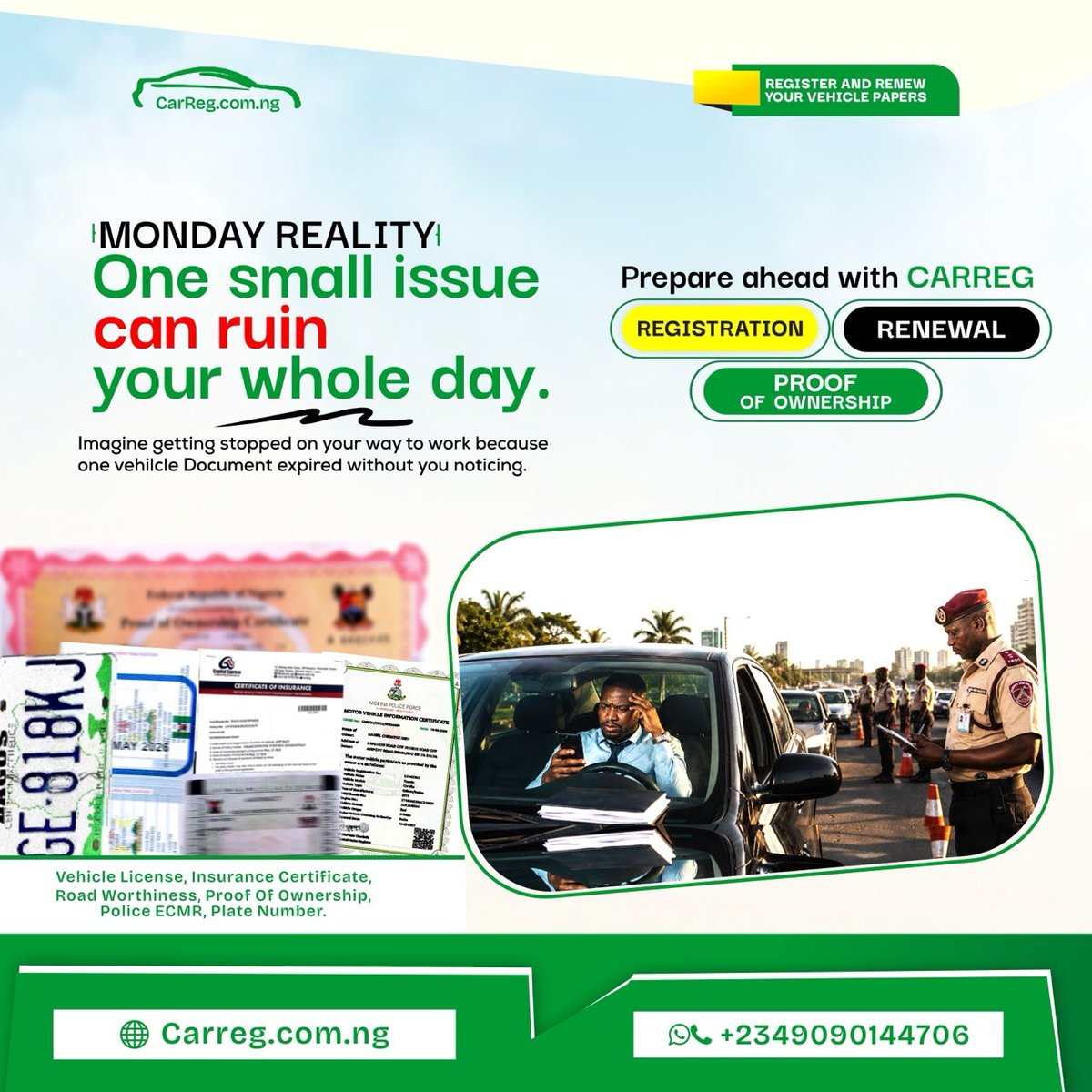 CarRegNG's tweet photo. Expired papers cause stress. Avoid it. Call: +2349090144706 or send a DM https://t.co/BQJRnsaHrZ
