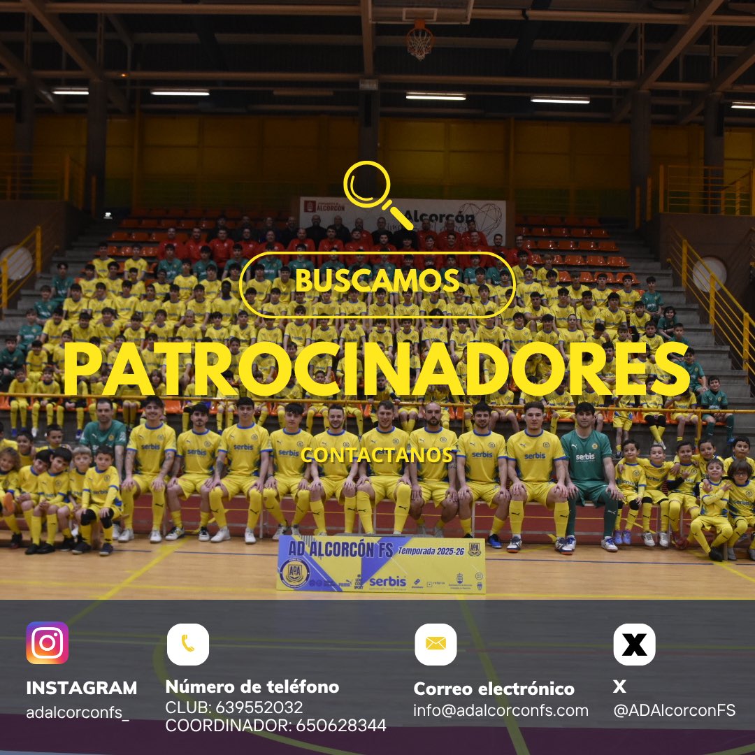 ADAlcorconFS's tweet photo. 🚨 TEMPORADA 2026/27 🚨

En AD Alcorcón FS seguimos creciendo dentro y fuera de la pista, y buscamos empresas que quieran formar parte de nuestro proyecto con ambición, visibilidad y proyección nacional 

📩 Contáctanos por nuestras RRSS, telefono o correo 
info@adalcorconfs.com https://t.co/cDM7boEqmR