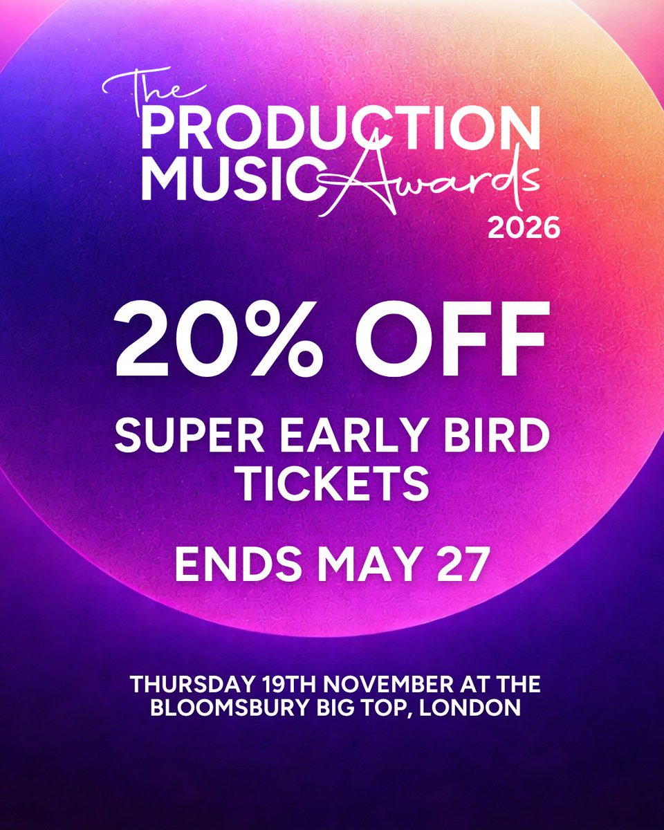 ProdMusAwards's tweet photo. Super Early Bird tickets are now live, with 20% off until 27th May.

Whether you’re joining us solo or bringing your team, this is the best time to secure your place for the biggest night in Production Music. 

Visit this link to purchase tickets.

https://t.co/QNwxkgOfXR https://t.co/hXCgqJaYnp