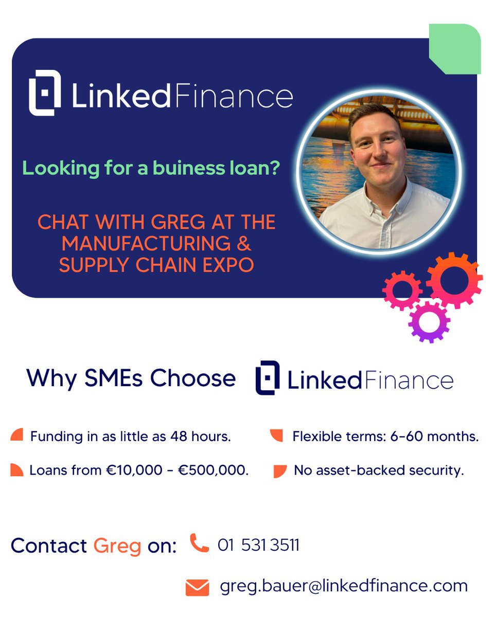 LinkedFinance's tweet photo. Heading to the National Manufacturing &amp; Supply Chain Conference &amp; Exhibition?📍 RDS Simmonscourt 📅 May 27th–28th, 2026. Pop over and find us at stand F52. #SMEs #IrishBusiness #WorkingCapital #BusinessLoans https://t.co/SZqJJnh4tS
