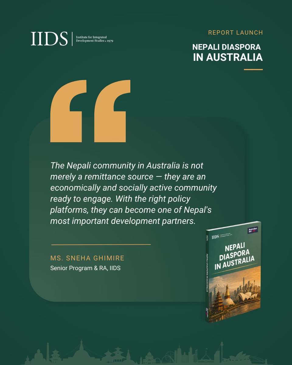 iids1979's tweet photo. Nepali Diaspora in Australia | Report Launch

Presenting the study's key findings, author Ms. Sneha Ghimire (Senior Program &amp; RA at IIDS) reframed how Nepal should see its Australian diaspora, not as a remittance pipeline, but as an engaged community seeking deeper ties. https://t.co/lZqNAMys1M