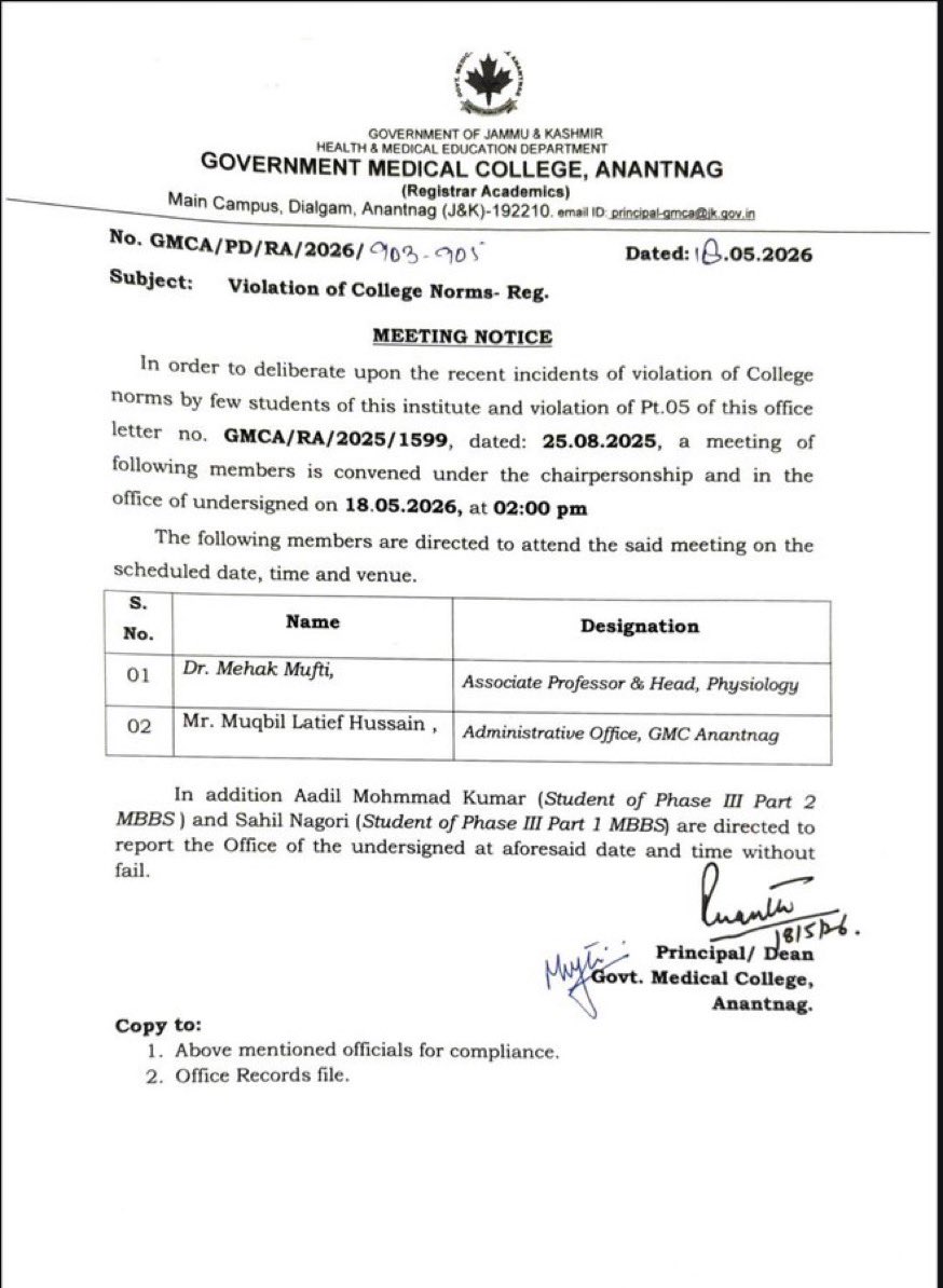 DrWasimJKMSA's tweet photo. Deeply concerned by reports of GMC Anantnag allegedly targeting students for raising the MBBS intern stipend issue.
Raising stipend issue is not a crime. We request the colge admin to ensure student dignity .
@Media_GMCA @DCAnantnag @DrBilalbhatIAS @DrSuneem @DikshitSmita https://t.co/3vo7aIbg33