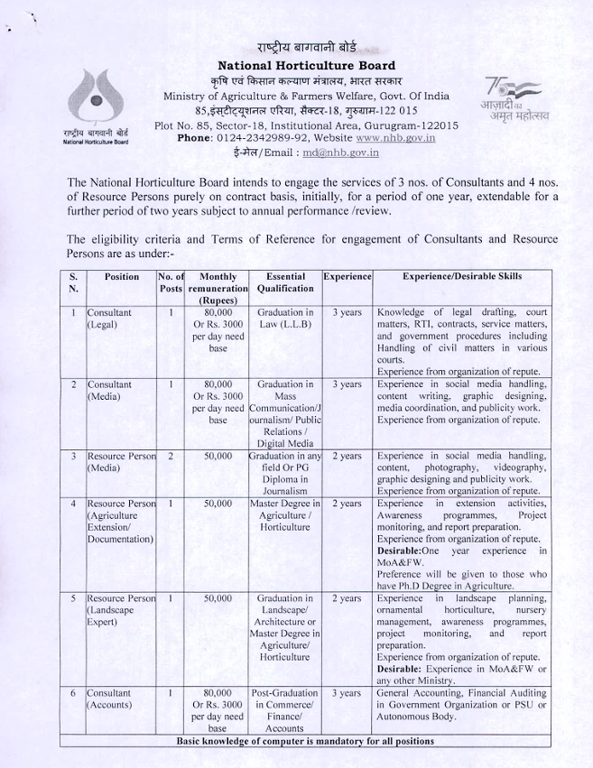 Horti_GoI's tweet photo. 🌱 Opportunity Grows Here. Will You Grow With Us? 🌱

At National Horticulture Board, we’re not just hiring-we’re building the future of India’s horticulture ecosystem.🍎🥭

Under the Ministry of Agriculture & Farmers Welfare, NHB invites dynamic professionals to join its mission of transforming India’s green economy.

🚀 Open Positions
⚖️ Consultant (Legal)
🎥 Consultant (Media)
📱 Resource Person (Media) (2 posts)
📝 Resource Person (Agriculture Extension/Documentation)
🌳 Resource Person (Landscape Expert)
📊 Consultant (Accounts)
💼 Contract-based engagement with attractive remuneration

📍 Location: Gurugram

📅 Last Date to Apply: 28.05.2026 | 5:00 PM
Corrigendum (Application Form) is attached in News and Announcements section of NHB website.

✨ Whether your strength is law, finance, communication, media, outreach or landscape design-your expertise can help shape India’s horticulture success story.

📩 Apply offline to National Horticulture Board, Gurugram

#NationalHorticultureBoard #NHBRecruitment #AgriCareers #CareerOpportunity #GovernmentJobs #Horticulture #MediaJobs #LegalJobs #AccountsJobs #LandscapeExpert #DigitalIndia #GreenGrowth