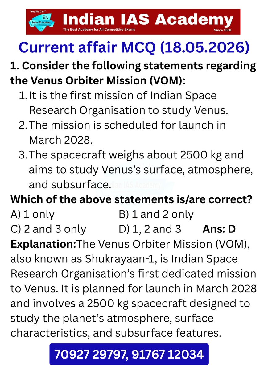 IIA_Academy's tweet photo. Indian IAS Academy Current Affairs MCQ(18.05.2026)#UPSC#IAS #TNPSCgroup1 #TNPSCGroup2#tnpscgroup4#mrbpharmacist #upsc2026 #tnpscgroup4 #banking#gpat2026 #niperexam #druginspector #rrb#NIPERpreparation #rrbpharmacist2026 #pharmacistexamstrategy #indianiasacademy #tnpscgroup1 https://t.co/UV3nrRzp0L
