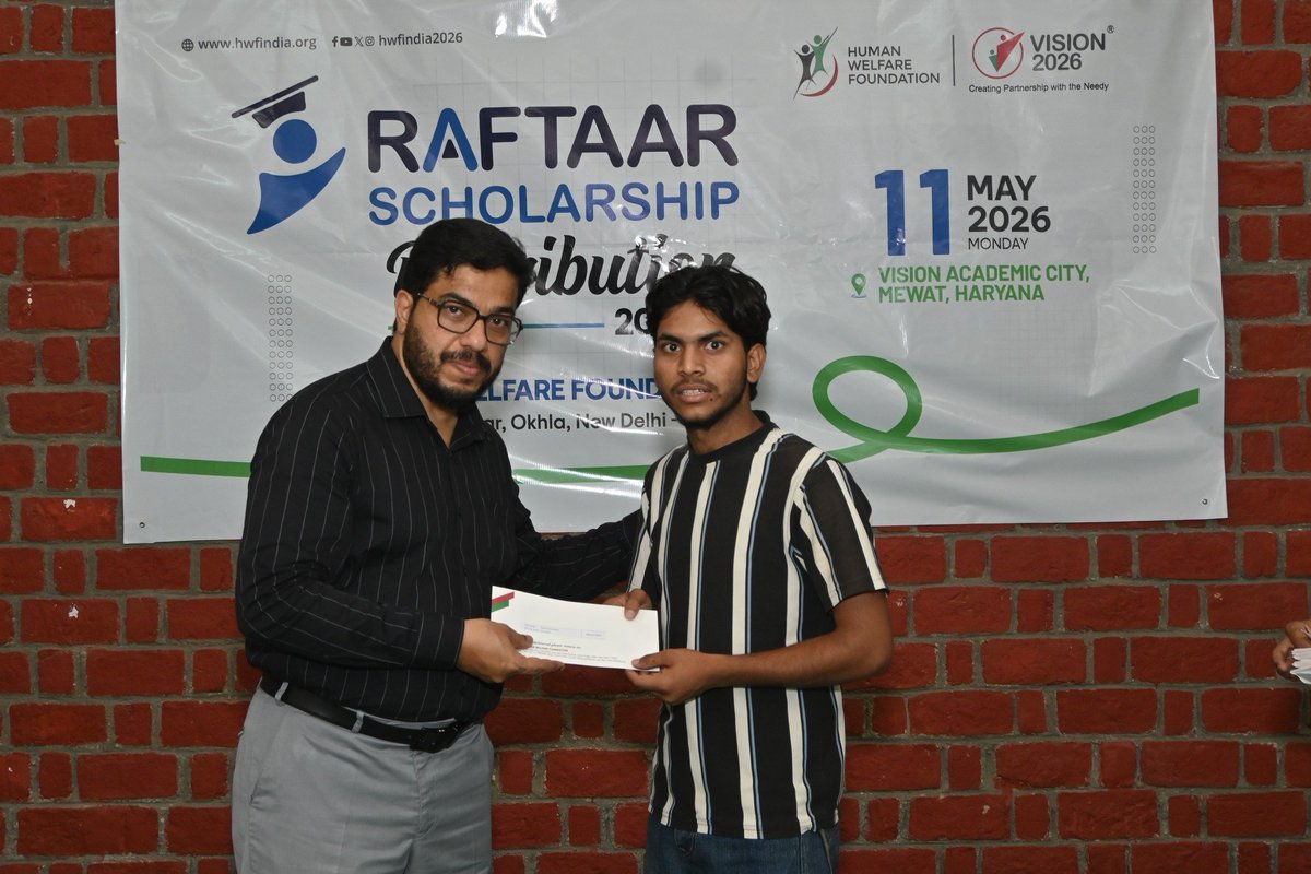 HWFConnect's tweet photo. @hwtindia2026 distributed the Raftaar Scholarship to students from Haryana at Vision Academic City, Mewat, Haryana. A total of 52 orphan students were awarded six-month scholarships.
The event was graced by the presence of M. Sajid (General Secretary, HWF), Mr. Niyas CK (Head – School Education, HWF), and Mr. Anas PK (Principal, Chirag Middle School).
As part of Mewat empowerment initiatives, the newly established hostel for orphan students at Vision Academic City will provide free education and accommodation to deserving students.