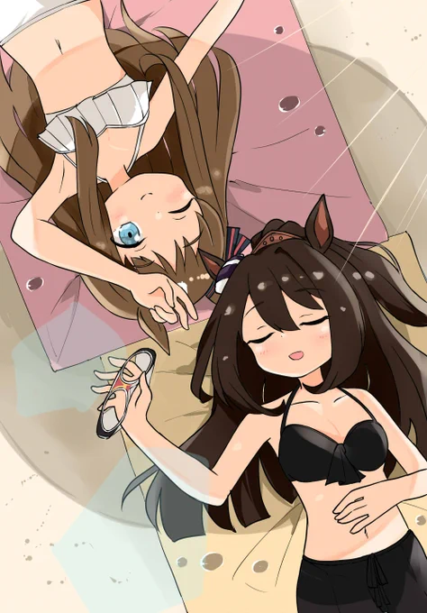 水着のエルコンドルパサーとグラスワンダー! 以前ねぷてぃさんの合同誌に寄稿させていただいたイラストです! 最近暑いっすね… #ウマ娘