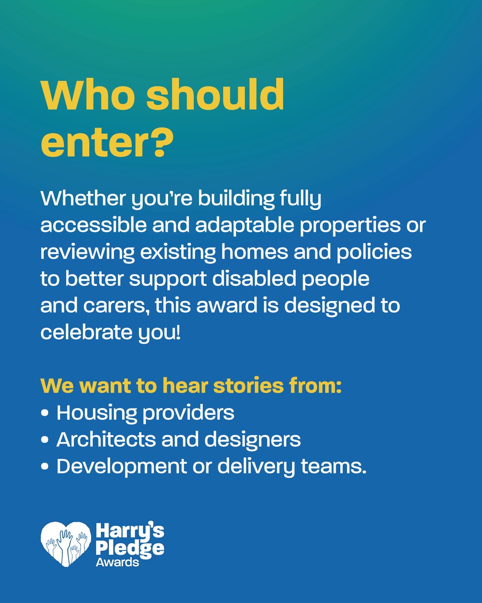 HarrysPledge's tweet photo. Do you build homes that truly work for everyone - homes that are designed with accessibility and inclusivity in mind?

Help us showcase your hard work and dedication... nominate yourself for The Harry’s Pledge Accessible Homes and Inclusive Design Award.

https://t.co/S6A0kxPuN0 https://t.co/pZfAhXmbPL