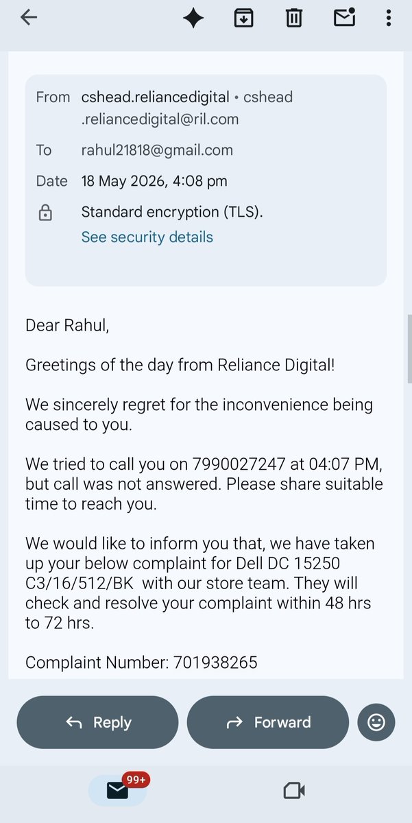 RahulBhuria18's tweet photo. Total scam by @RelianceDigital! 🚨
 4:07 PM: Call connected (Img 1)
 4:08 PM: Email claims "unanswered" (Img 2). 
​A 1-minute trick to falsify records &amp; dodge timelines for my Dell laptop claimed gift. Notice sent for Unfair Trade Practice (Img 3). Fix it immediately. https://t.co/BWhLSHQp9B
