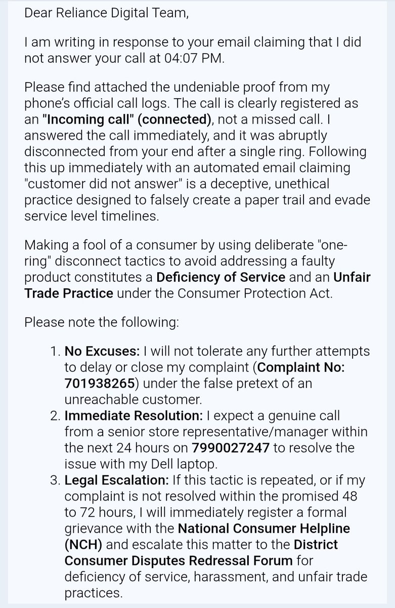 RahulBhuria18's tweet photo. Total scam by @RelianceDigital! 🚨
 4:07 PM: Call connected (Img 1)
 4:08 PM: Email claims "unanswered" (Img 2). 
​A 1-minute trick to falsify records &amp; dodge timelines for my Dell laptop claimed gift. Notice sent for Unfair Trade Practice (Img 3). Fix it immediately. https://t.co/BWhLSHQp9B