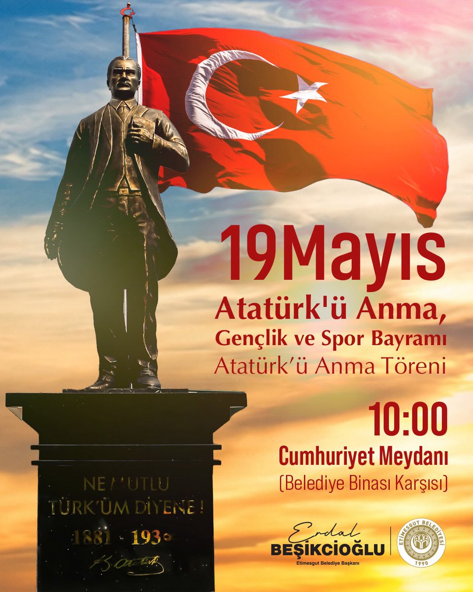 erdalbeskcioglu's tweet photo. 19 Mayıs; bağımsızlığın, umudun ve gençliğe duyulan sonsuz inancın simgesidir. 🇹🇷

Gazi Mustafa Kemal Atatürk’ü saygı, minnet ve özlemle anıyor; 19 Mayıs Atatürk’ü Anma, Gençlik ve Spor Bayramı’mızı coşkuyla kutluyoruz.

Atatürk’ü Anma Töreni’nde birlik ve beraberlik içinde buluşmak üzere tüm hemşehrilerimizi bekliyoruz.

📍 Cumhuriyet Meydanı (Belediye Binası Karşısı)
🕙 10.00

Tüm halkımız davetlidir. 🇹🇷