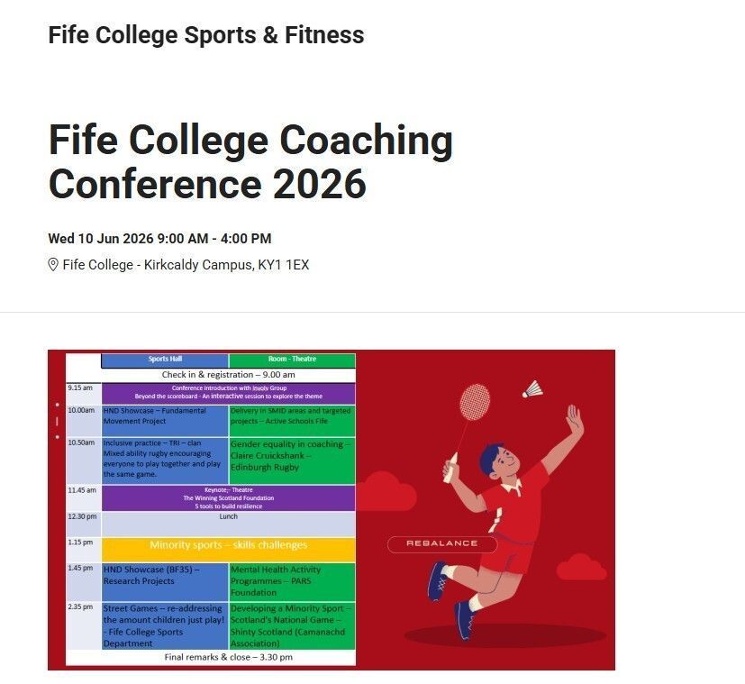FifeCollSport's tweet photo. Sign-ups are now live for the @FifeCollege Annual Sports Coaching Conference! Register via teams to secure your spot for inspiring talks, practical workshops, and great networking. Spaces are limited — don’t miss out. #FifeCollegeSport#AnnualConference#Rebalance https://t.co/BsrGm6NEUY