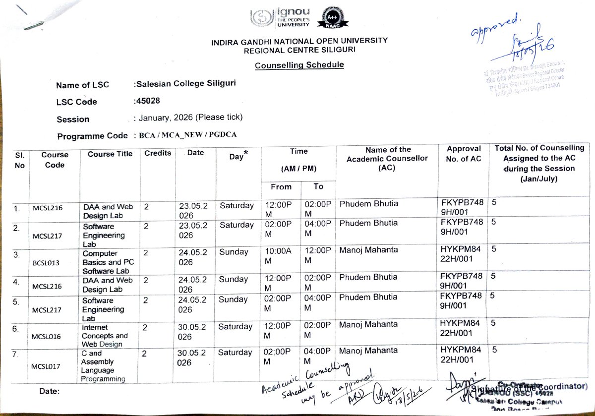 IGNOURCSILIGUR1's tweet photo. Counselling sessions schedule of BCA_NEW,MCA_NEW &amp; PGDCA_NEW programme of January 2026 session at SC-45028 https://t.co/mrV3skld5v