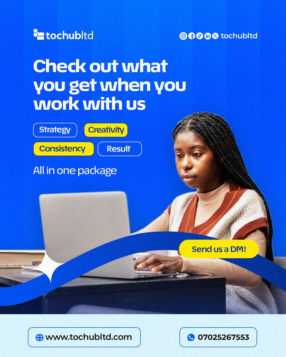 tochubltd's tweet photo. With us at #tochubltd, you get strategy, creativity, consistency, and results working together to grow your business. 

Ready to elevate your brand presence? Send us a DM today.

☎️ Call/WhatsApp: 07025267553
🌐 Website: https://t.co/piQ8tLvI3H
📧 Email: tochubltd@gmail.com https://t.co/4FQ40akTso