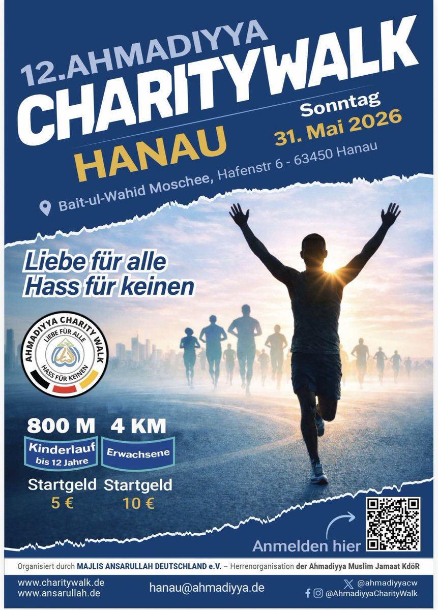 ahmadiyyacw's tweet photo. Gemeinsam Gutes tun. Sei dabei beim 12. Ahmadiyya Charity Walk, organisiert von @ansarullahDe , der Herrenorganisation der @AhmadiyyaDE – am Sonntag, den 31. Mai 2026 in Hanau.

Anmeldung unter:
https://t.co/WsAPEeUXNt

#AhmadiyyaCharityWalk #hanau https://t.co/feJtPilnV6