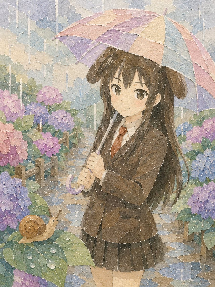 kero3_sisters's tweet photo. #AIart #AIイラスト #SAMICO

本日のお題は「パステルな紫陽花」☔️✨

和紙をちぎって貼り重ねたような、
やさしい“ちぎり絵風”で描いてみました。

雨粒の音、紫陽花の匂い、
そして傘の下の静かな時間。

絵本みたいな空気感を感じていただけたら嬉しいです☺️ https://t.co/1zSyBAntNl