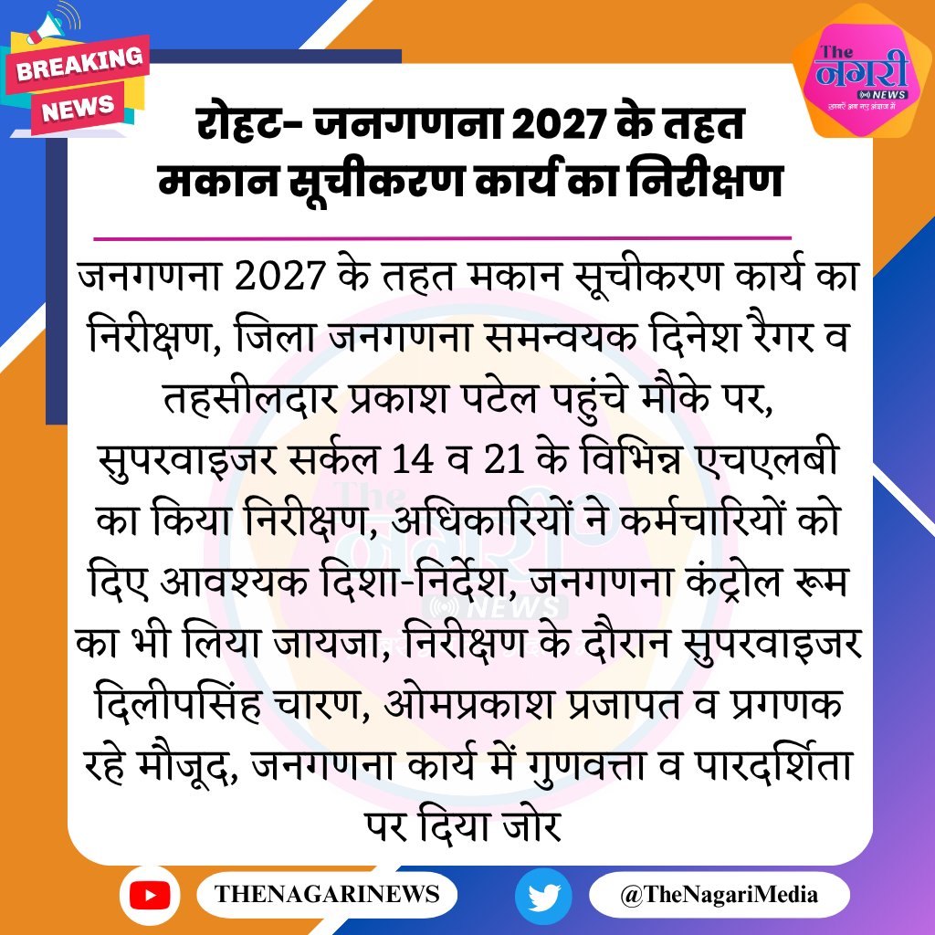 TheNagariMedia's tweet photo. #Pali
#Rohat :
रोहट- जनगणना 2027 के तहत मकान सूचीकरण कार्य का निरीक्षण
@DcDmPali
@BalaramHarawas
#BreakingNews https://t.co/S9aKAzwzO0
