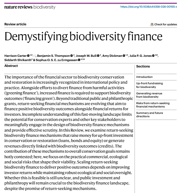 Earthmind's tweet photo. "Scaling return-seeking biodiversity finance to deliver positive outcomes depends on improving investor returns while maintaining robust ecological and social oversight. Whether this is feasible is still unclear..." -   https://t.co/2dH9kxwf0O https://t.co/sQbGPF8yvN