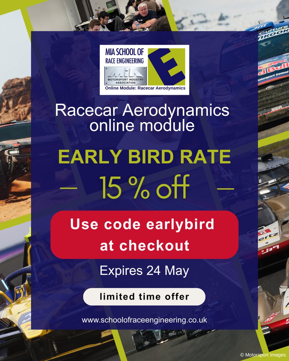 MIARaceEngineer's tweet photo. Only one week left for Early Bird Rates
Learn from industry professionals and develop your understanding of the aerodynamic principles used in motorsport
Early bird pricing ends in 1 week, don’t miss out!
Register now, use code earlybird at checkout https://t.co/wRxY46tCIR https://t.co/IK8SBGmjoh