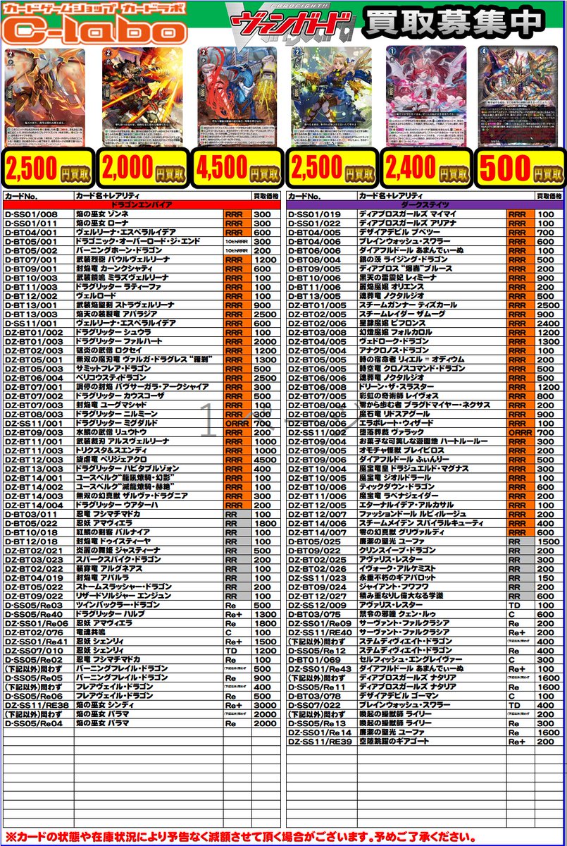 ヴァンガード 買取情報】 デッキパーツの買取価格となります！ こちら