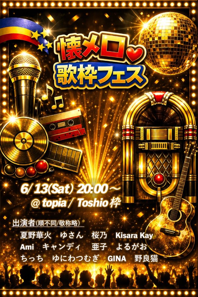 betch5601's tweet photo. 女性Singerによる「懐メロ歌枠フェス」を主催します！
一人でも多くの皆様のお越しをお待ちしております

💛6月13日（土）20：00～23：00（開場19：45）
🧡カラオケアプリtopia　Toshio枠

タイムテーブル他 詳細は6月7日（日）に公開します！ https://t.co/oP3NFx9RYG