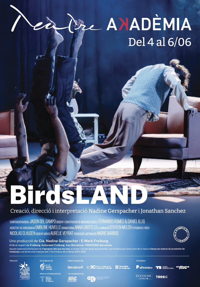 teatreakademia's tweet photo. BirdsLAND, la dansa arriba al Teatre Akadèmia! Acollim una proposta de teatre-dansa contemporània de la companyia de Nadine Gerspacher, creada i interpretada juntament amb Jonathan Sánchez.
Un viatge físic i emocional que reivindica l’alegria autèntica en temps difícils. https://t.co/q6m4LdBh1u