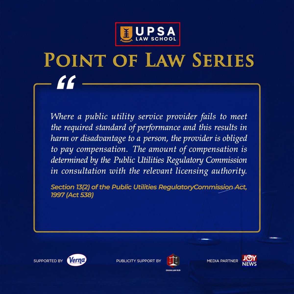 UPSALawSchool's tweet photo. Did you know?
In Ghana, when a public utility fails to meet its service standards and causes you harm, you are entitled to compensation. 

Learn more with us!

#UPSA #UPSALawSchool #PointofLaw 
#PublicUtility #Safety https://t.co/82IIv6Qbtc